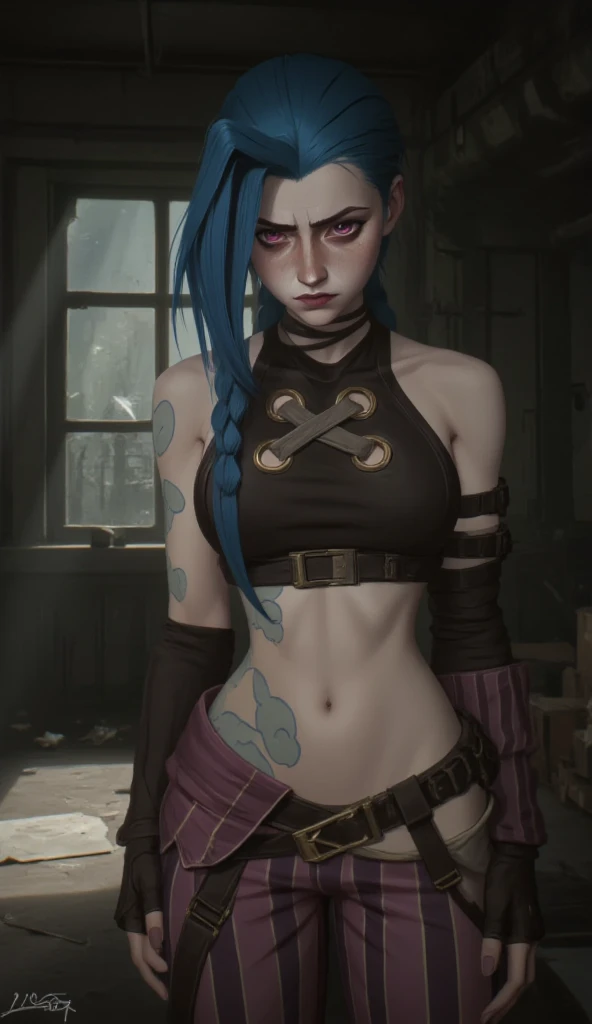 portraite of a, Bar Counter, sits on the edge, close up face, facial focus, upper-body, naked, breasts, titties, nipples, ssmile, Smiling, enthusiasm, closeup face, adult girl, in full height (Body Full 1.1), glow in the dark paint, Dark tones, Dark blue background, Arcane style, Arcane's Jinx (character design 1.1.), very long blue braids, two very long tails of hair, Very detailed. Anime style, The secret of animation, gloomy composition, The Gloomy Room, luminescent paint on the walls, drawings on the walls, gloomy atmosphere, blue eyes (highly detailed glowing pink eyes, blue pupils 1.1), blue pupils, very detailed eyes, Beautiful figure, a 1girl, Beautiful figure (Proper Anatopy 1.1.), Slender figure, shapely legs, Blue hair, hairlong, Very detailed face, Very beautiful face, Very sexy ass, in full height (Body Full 1.1), small elastic breasts, Little ass, Beautiful slim figure, small buttocks, tmasterpiece，beste-Qualit，higly detailed，Visible to the feet， 8K resolution