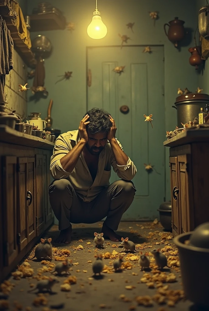 Ultra-realistic 8k image of a slim 25-year-old man, short black hair, dressed in a beige button-up shirt and beige pants, kneeling and vomiting in a rustic, dark room with faded walls, night