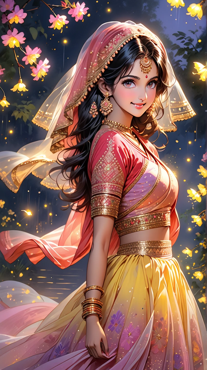 1girl, moon, Diya Oil Puja Lamp,night, solo, , hair ornament,  saree, indian clothes,  water, hair flower, flower, outdoors, sky, full moon, rain, black hair,  mountain, cloud, holding, sash,standing, pink and green saree, night sky, no bangs, tree, from side, reflection, short hair, cloudy sky,   {{(masterpiece),(extremely detailed CG unity 8k wallpaper),best quality,,solo,1girl,cinematic lighting,detailed background,beautiful detailed eyes,bright pupils, (an extremely delicate and beautiful),(Beautiful and detailed eye description)，  ultra-detailed,masterpiece,}},