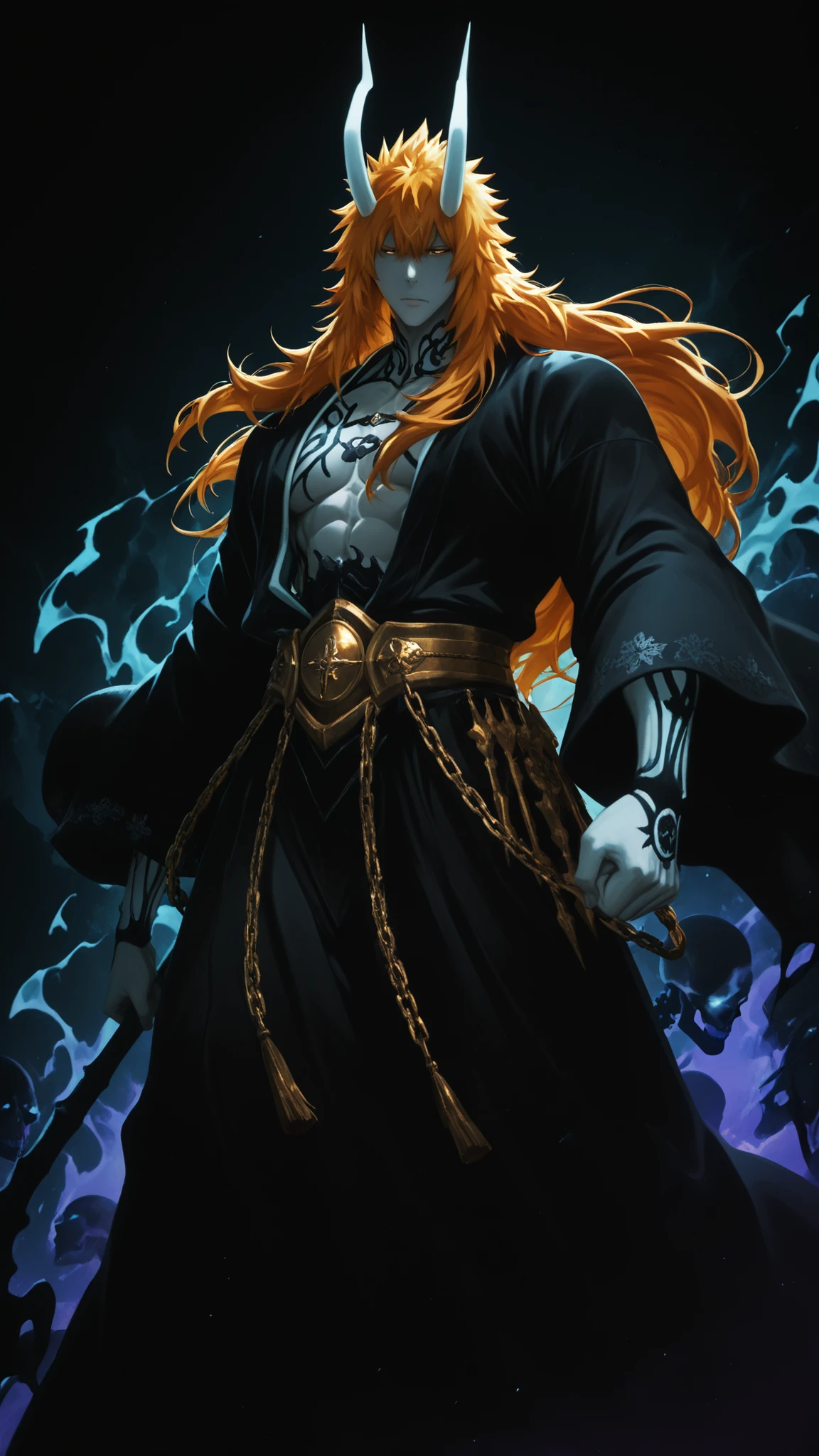 flat color, WaifuDiffusionStyle, neutral background, white splash stylized outline background, 1boy, kurosaki_ichigo, white large oni curved horn, long_orange_hair, flowing_hair, intense_gaze, pale_skin, ornate_gold_crown, jade_tiara, toned_abs, open_robe, black_robe, gold_embroidery, white_inner_robes, broad_shoulders, regal_stance, outstretched_hand, swirling_red_mist, ghostly_hands, skeletal_spirits, necromancer_aura, dark_fantasy, chinese_calligraphy, moonlit_fog, dramatic_backlighting, ink_wash_background, lavish_gold_details, tattered_sleeves, emperor_of_the_dead, stylized_art, thick_thighs, warm_soft_lighting, mature_sensual_atmosphere