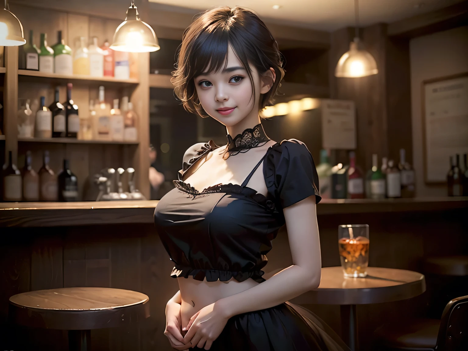 (Highest quality, masterpiece, Ultra-high resolution, 8k, RAW Photos, Realistic, Anatomically correct:1.5), 20-year-old girl:1.2, Embarrassing, avert your eyes, blush:1.0, View Viewer, ((bar)) 、Large windows、Night view、 Light:1.2, Bokeh, Cinema Lighting:1.0, Depth of written boundary, sharp、 Cute Face、Idol、(Black short sleeve lace top)、(Black tulle skirt)、”dwarf”、(Full Body Shot)、(Side angle)、Cowboy Shot、( smile)、((Ultra short hair、Berry Short))、(Straight bangs)、((See-through))、(( One woman))、Waist、(I can see your thighs)、look back、I can see your belly button、