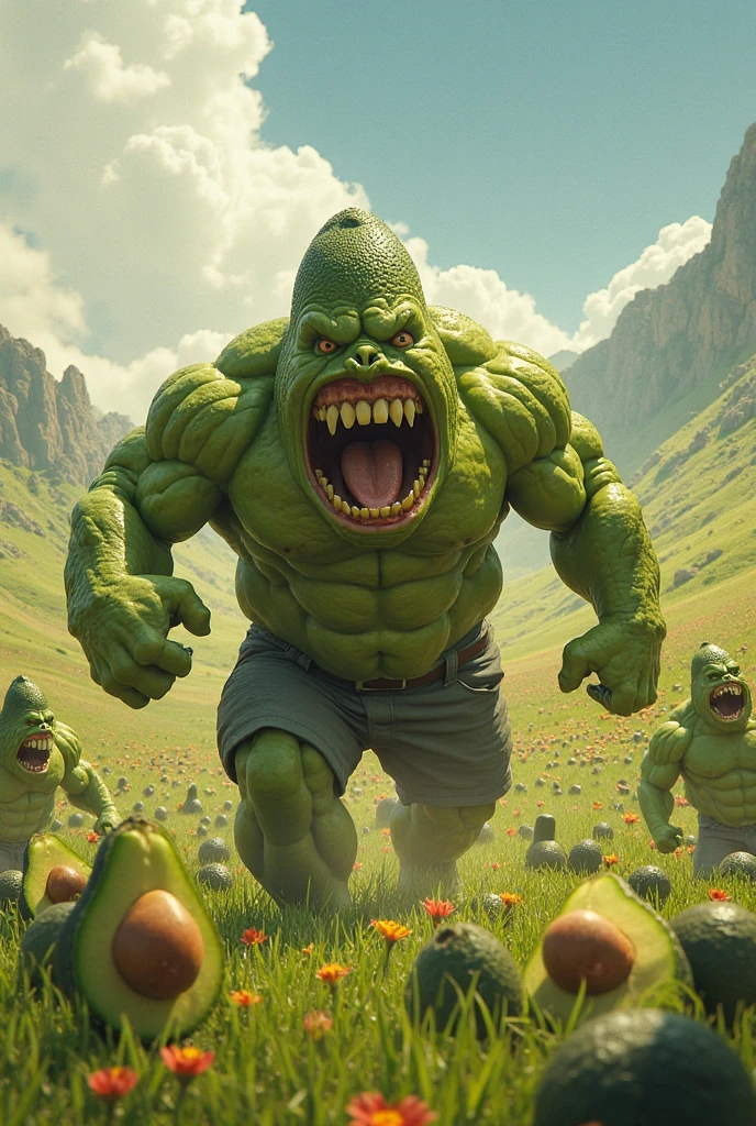 A very muscular muscular man Big naked and very angry while running away from a green bald man with a pan in his hand along with a guy in red overalls running away from a green dog
