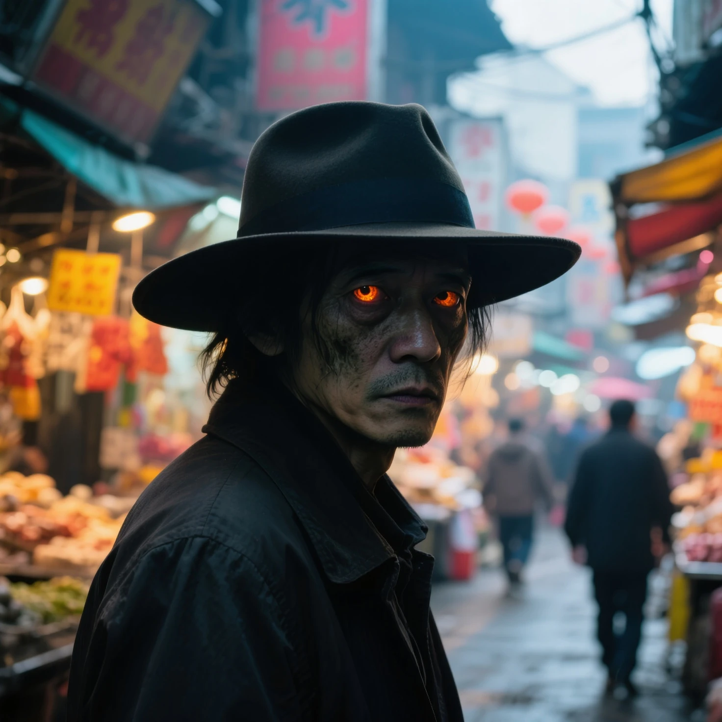 a street-level, photorealistic shot of a slightly unsettling encounter with a mysterious neighbor. They are passing by, briefly making eye contact. Their eyes, though mostly obscured by shadow from a wide-brimmed hat, seem to glow with a faint, vibrant amber light. The background is a bustling market street, full of dynamic colours and motion.