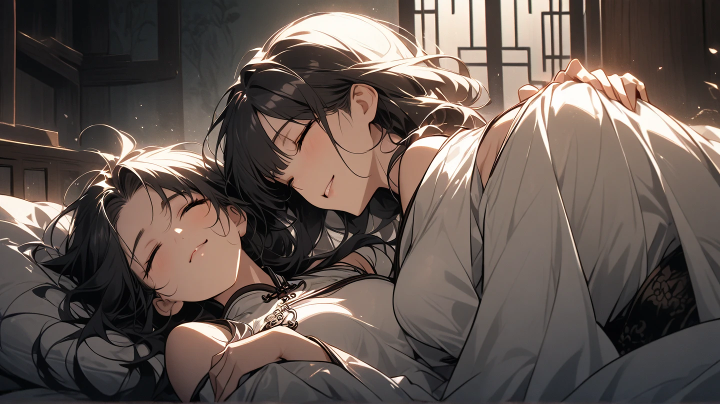 masterpiece, best quality, anime, highly detailed face, highly detailed eyes, highly detailed background,nagatoro hayase,1girl.solo,,(a girl sleeping on bed:1.5),(lying back down:1.1),(big breasts:1.3),(nether region:1.3),(closed eyes:1.2),(troubled eyebrows:1.2),(from above:1.3),(oversized long sleeves pink pajamas:1.3),
(bed room:1.3),
