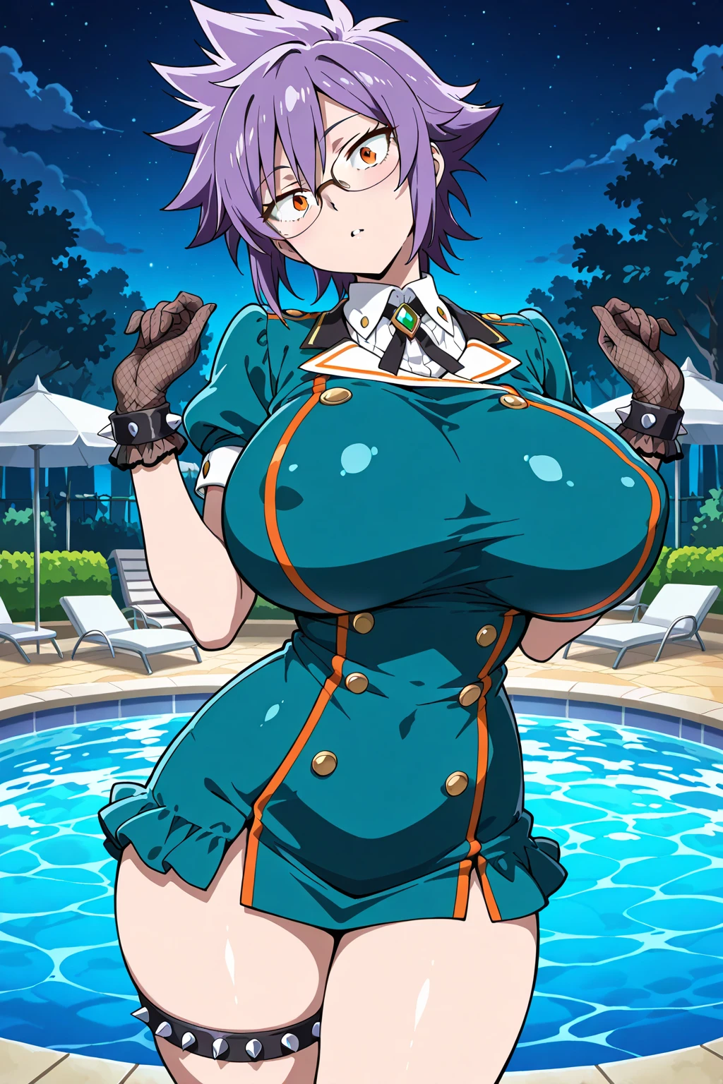 1girl, large breasts, breasts, wide hips, thick thighs, purple hair, short hair, very short hair, yellow eyes, one-piece swimsuit, blue swimsuit, competition swimsuit, black one-piece swimsuit, light smile, smile, hourglass figure, toned, toned female, tall, tall female