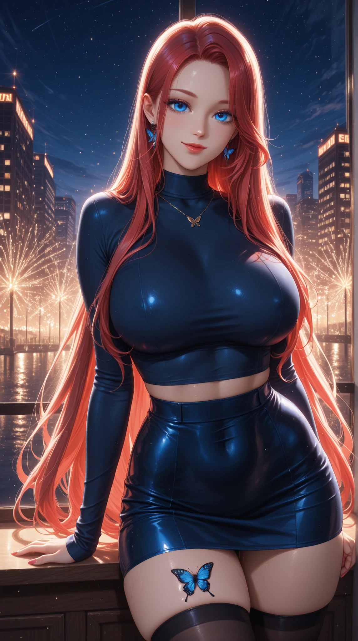 (best quality:1.5, highres, UHD, 4K, detailed lighting, shaders), orange curly floral haired, gradient hair, large breasts, transparent suit, transparent T-shirt, transparent social shirt, short skirt, mature woman , (pov), white background, colorful eyeshadow, dramatic lighting, sparkling eyes, sensual expression, golden earrings, flowing hair, delicate facial features, dark skin, high cheekbones, urban setting, black background, dont look for the camera, lean forward, behind the camera