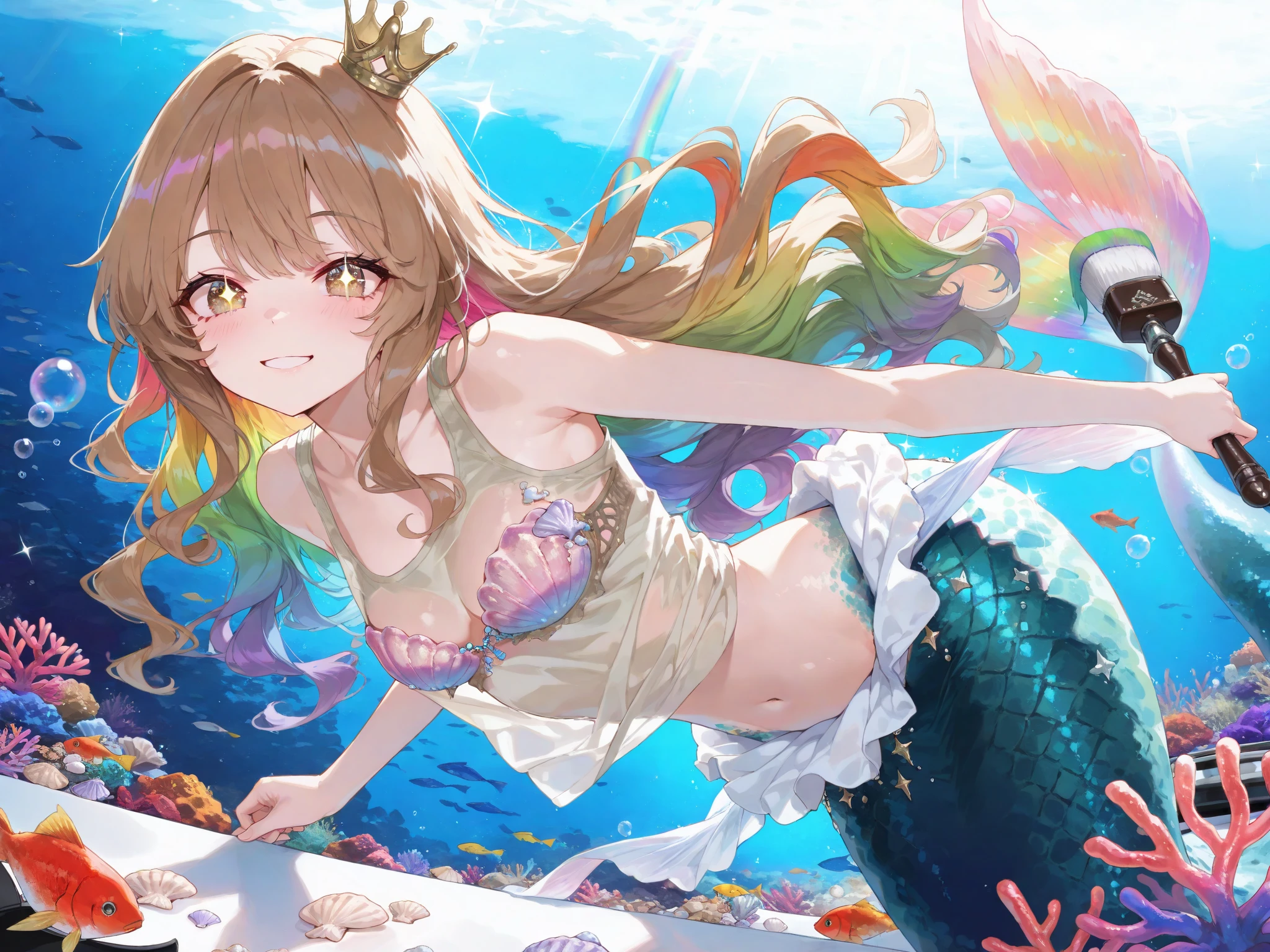 Beautiful illustration, best quality, cute girl, ((Under the water)), ((Sunken ship at background)), pastel color, natural tones, ((Dark hair)), ((Seashells)), ((Cute mermaid girl)), ((Looking at viewer)), ((Slim body)), ((Navel)), ((Smile)), (Blush), bright lighting, ((Big eyes)), ((Perfect hands))