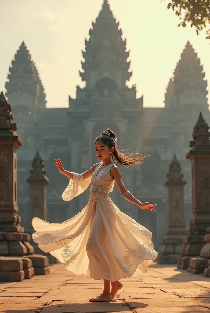 SFW, 1 girl, Focus only, to throw, very wide shot, landscape, East Asian architecture, sunlight, sunrise, floating, cloud, sky, rain, Water, Whole body, outdoor, scenery, depth of field, 8k, detailed, (lente 35mm), (nikon z30)