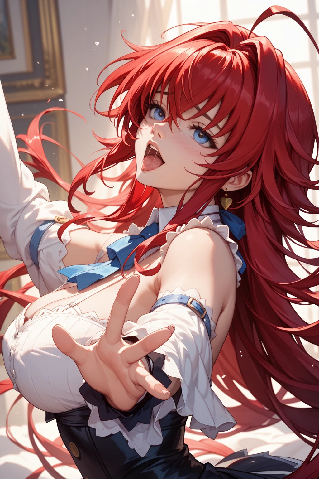 ASAMIKEI, red HAIR, PONYTAIL, LONG HAIR, SIDELOCKS, PURPLE EYES,, large breasts, live stage, solo nipple