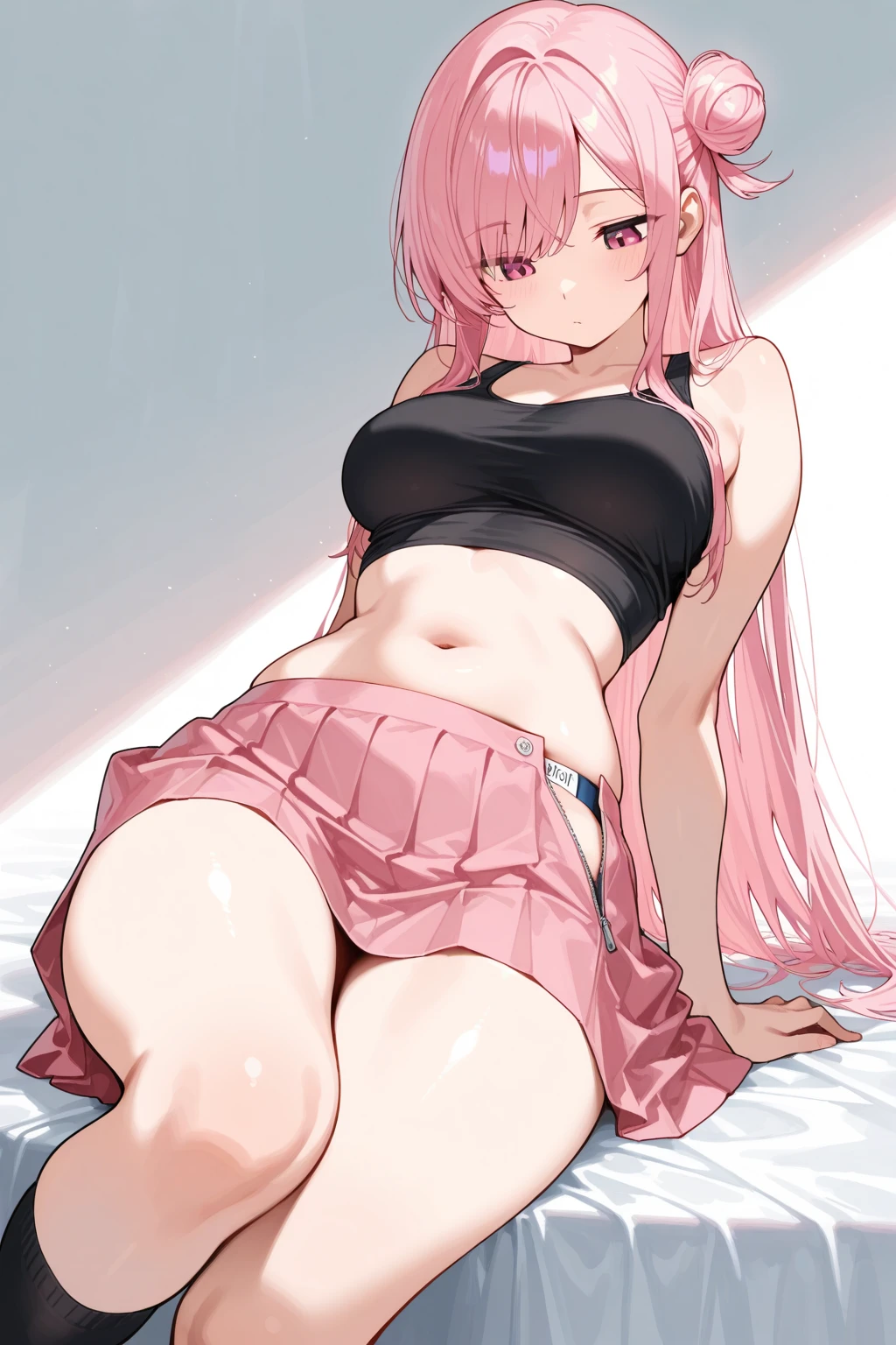 Bocchi the Rock, masterpiece, best quality, pink hair, blue eyes, white swimsuit, 1girl, big breasts, sexy, melancholy, nsfw, {anime screencap}, anime colored,