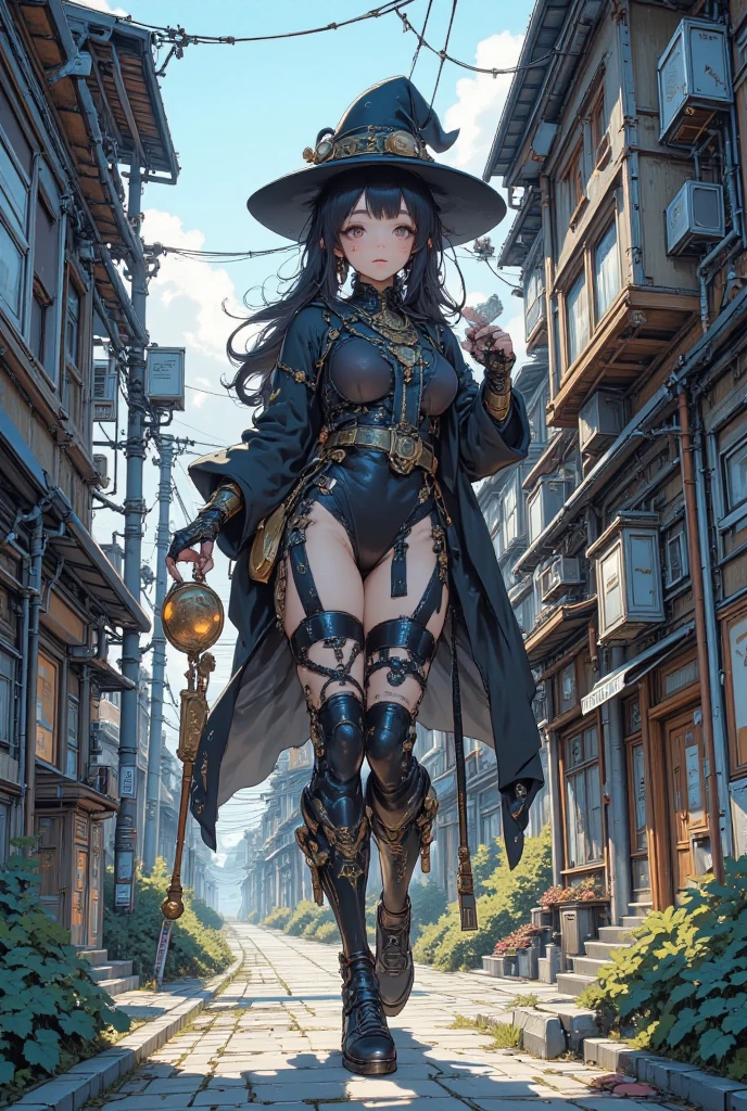 4K,High resolution,one woman,dark blue hair,long hair,yellow eyes,wizard,big breasts,gray tight school swimsuit,Grey boots,Gray cloak,Gray hat,wooden cane,medieval town