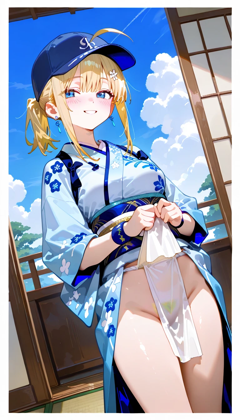 whole body, Long blonde hair, (Hydrangea illustration:1.5), White see-through kimono、kimono,(((nsfw)))(((naked)))　White high heels　She lifts up her transparent skirt to reveal her crotch(((5 years old)))infant　She opens her blouse to reveal her breasts　tall　Lift one leg up　(((Urinating)))Leg spread　pussy,spread legs,girl,naked,(((open pussy)))((rain))