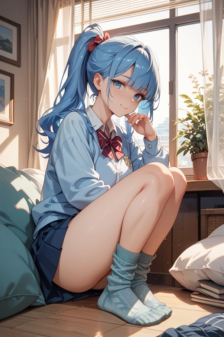 a matter of fact, daytime, sunlight, 1 woman, 8K resolution, ponytail, blue hair,  blue eyes, glowing eyes, white short skirt, Blush, track field, sunlight, Strapless shirt, Wet from the rain, seethrough, Sit with your knees raised, Spread your legs, M leg, pussy, laugh, the skirt is blowed up, highest quality, High resolution, highly detailed face, perfect lighting, Very detailed CG, (perfect hands, perfect anatomy), minami nanami, perfect figure, armpit