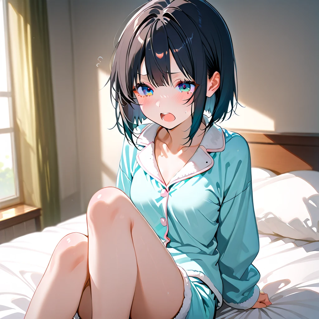 1 girl, better quality, masterpiece, cute face, shy, blushed, looking at viewer, seductive smile, sitting on bed, indoor, simple background, casual dress, highres, dynamic pose, beautiful pose, perfect eyes, perfect face