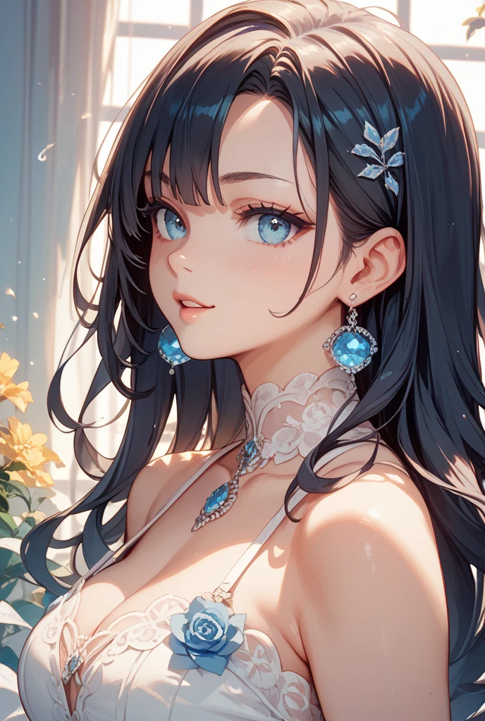 Adult female,long black hair with inner dark blue hair, dark blue eyes,athletic body, elegant black dress, noble lady,sitting, drinking tea