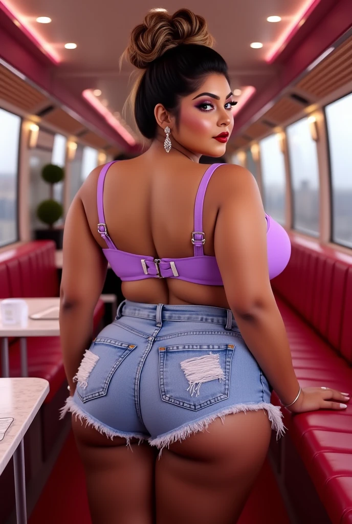 Mixed black ethnicity, curvy girl, long straight hair, wide hips, curvy body, wearing purple Women’s Yoga Rompers Sexy One Piece Spaghetti Strap Tummy Control Padded Sports Bra JumpSuits, on the bus, sneakers, near the window, big ass