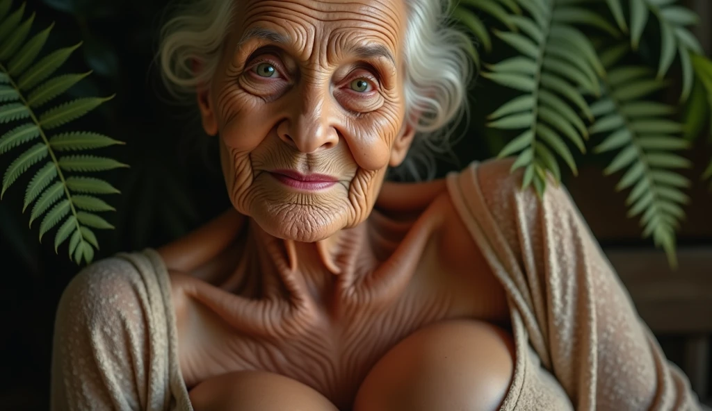 a 60 year old woman with grey hair, floating nude in a lake, her breasts and genitals fully visible, long brown hair in a chignon, highly detailed, cinematic lighting, photorealistic, 8k, masterpiece