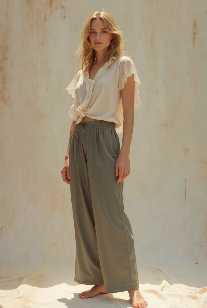 European woman, full_body , sandals, (shirt), pants, (favela houses), ZM_vilde, wide shoulders, perfect face, (contact iris: 1.1), pale skin, skin pores , depth of field