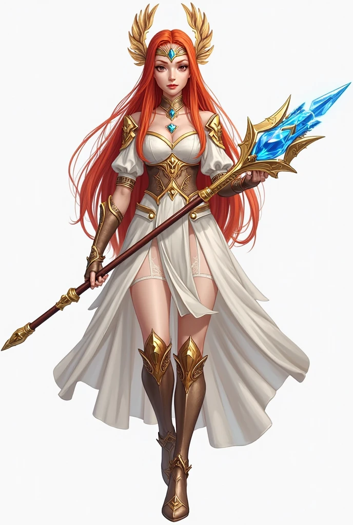 Hydris Glacia, female adult irish, curvy build, bright orange long wavy hair, blue eyes, have her using water magic. She has a warm expression, wears a navy blue tunic, with armor, ancient greek style, with silver jewelry, surrounded by whirlpools.