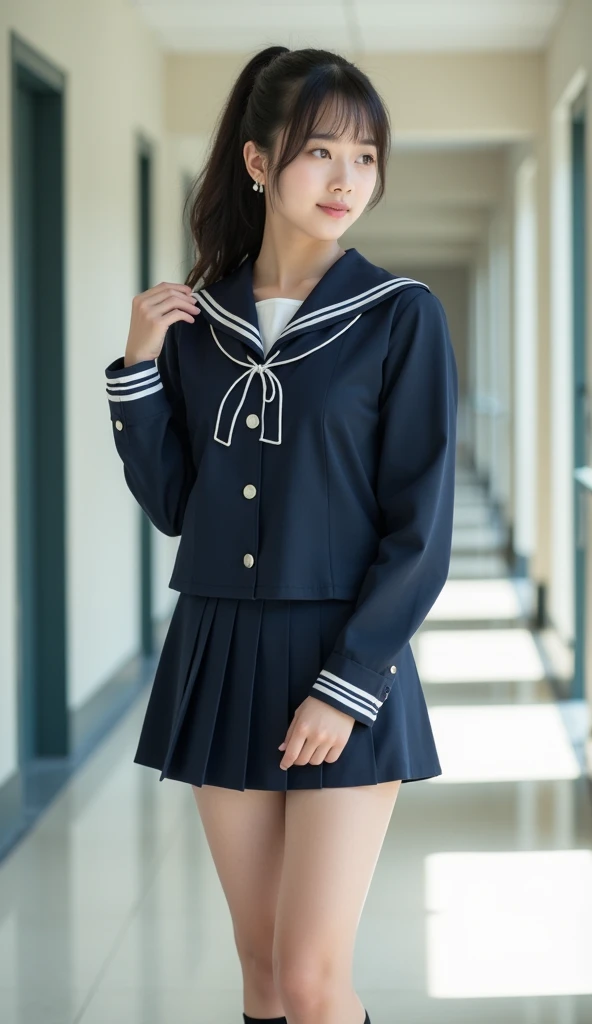 ((highest quality、8k、masterpiece:1.3)),((((cowboy shot)))),Ultra-high resolution,big eyes,Japanese,bangs,(a girl),(1 girl),((20 years old)),((facing at viewer)),(long hair),(((black sailor uniform))),grin,((sitting on chair)),(pleated mini skirt),(((pussy))),((pubic hair)),((skirt lift)),((short crew socks))