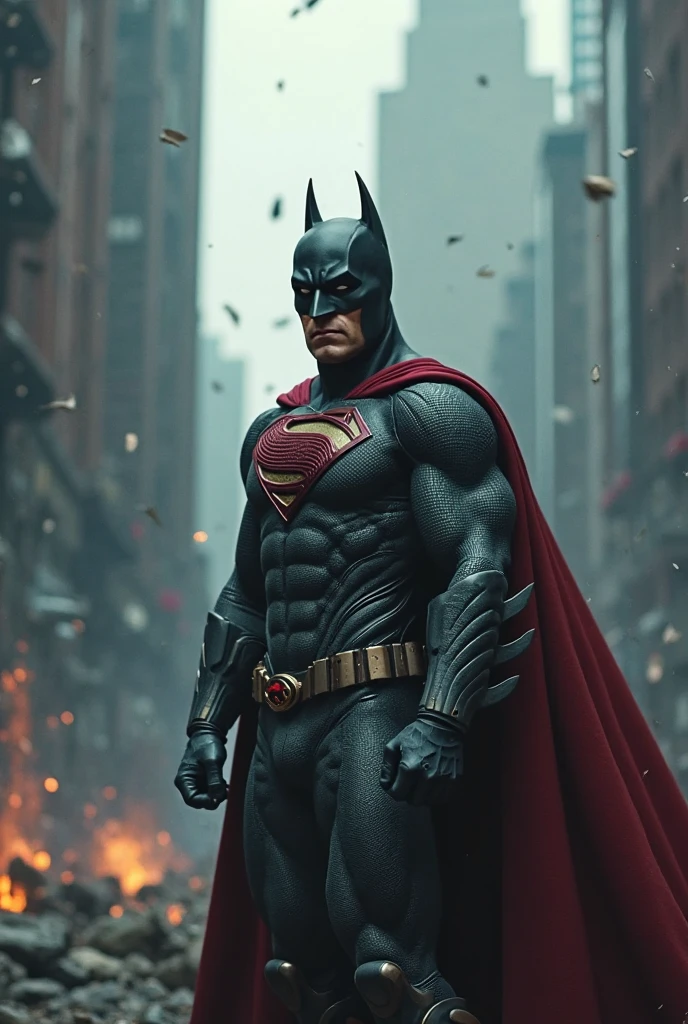 henry cavill usando armadura divida do batman de frente da cintura para cima,