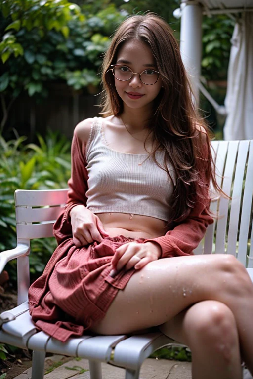 At out door cafe  with beautiful panorama, a young sweet beautiful Bogor city girl on wide rice  field near Bogor, descent mixed from sundanese and javanese and Arabic, little breasts, straight very short thin hairs with a bangs, very very slim body, have big  greek nose,  tirus slim  face, wide forehead,  big eyes, little sexy  mouth, heavy down lip, thin uper lip, charm and cute girl, her name is Dewi, very sweet horny smile, siting sensual straddeled spreading wide legs on chair at front of me in the sunny fresh sunset, need to having sex georgeus sweet face, her eyes telling me that she want to having sex with me now, slim body, twenty years old, student of agriculture university, wearing 80's style big   size white  long sleeve unbuttoned long sweater, wearing full unzipped  down not sexy white thin see through long skirt in late 80' years era mode and style, wearing white soft cup bra under her sweater, no panty,  wearing wedges shoes, very realistic, very natural, very realistic, all body from head to toes view, wind blowing so strong  and blowing everything, straight bob style slim hairs with a bangs blown by the  very strong wind, salak mountain as background, beautiful sunset and beautiful girl, sweet romantic moment that can't forget, wearing glasses, she is very in love to me, let's go to get hot sex, 
