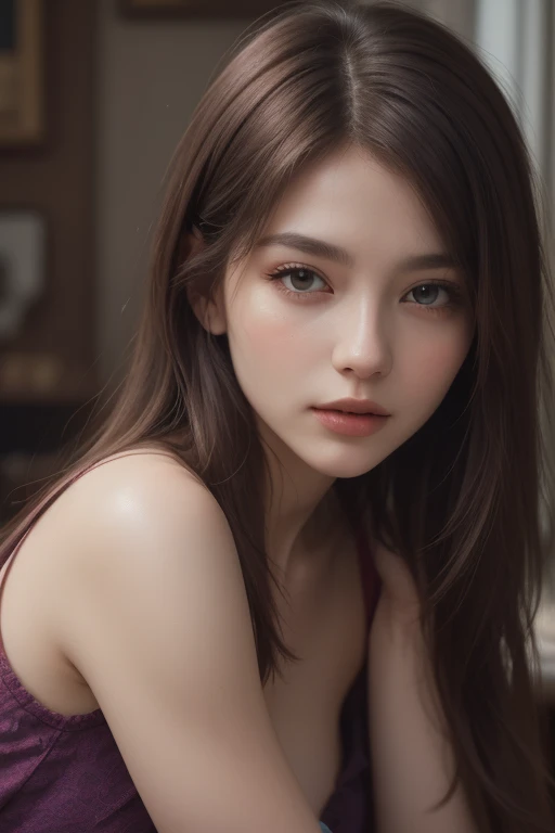 Amazing portrait of a woman who is 30 years old and an adult and a sexy neighbour next door wearing a loose oversized pink sweater during night time with soft lighting showcasing her red lips and her beautiful face in detail and close up
