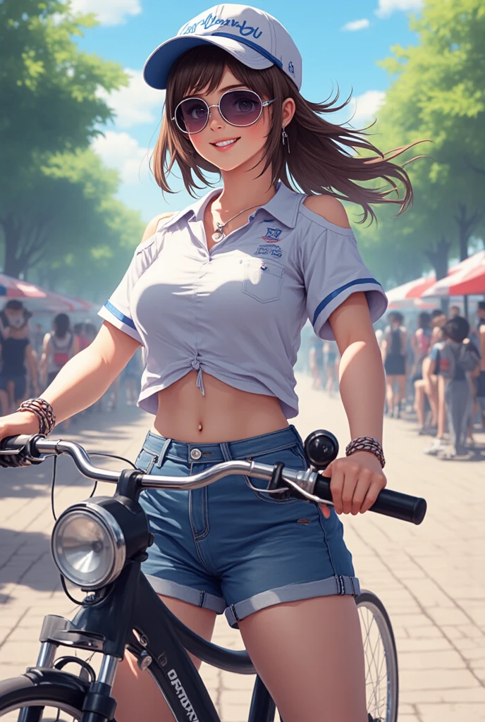 A cute woman(bike shorts, white sweat soaked sheer shirt, sweaty) is riding a bicycle through downtown. people sop and stare. cars pull over