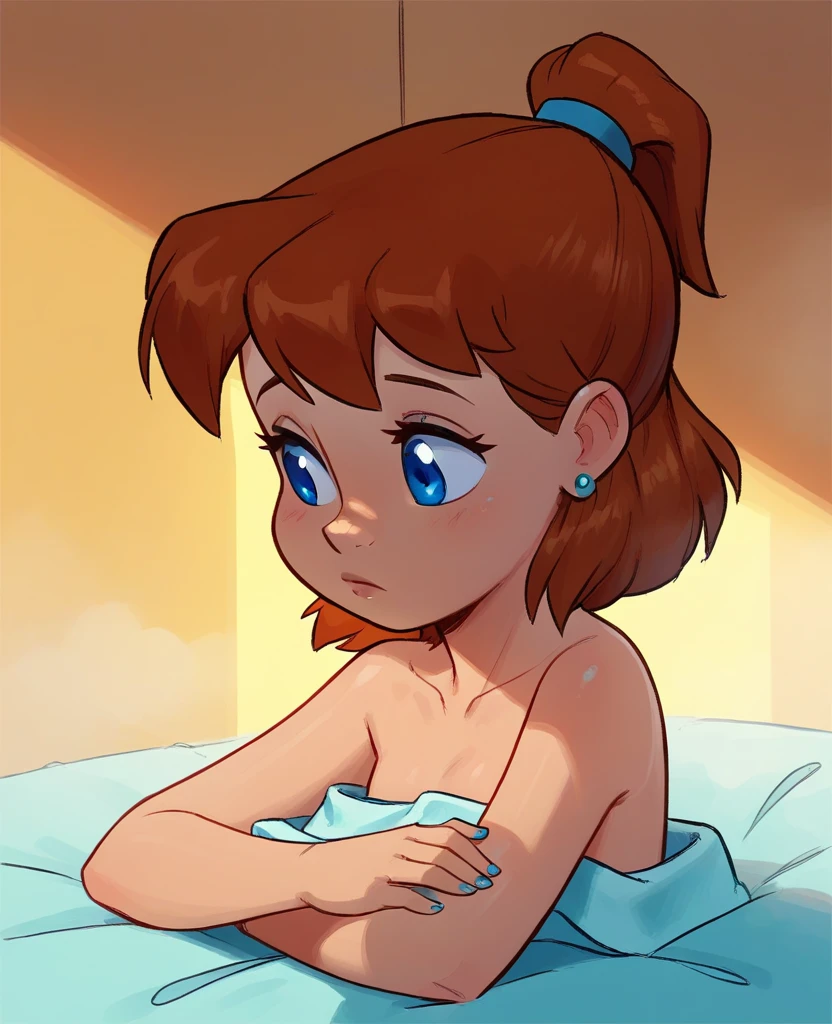 score_8, score_9, jenny, 1 girl, solo, brown hair, ponytail, blue eyes, earrings, (completely nude:1.2),pussy,niplles,