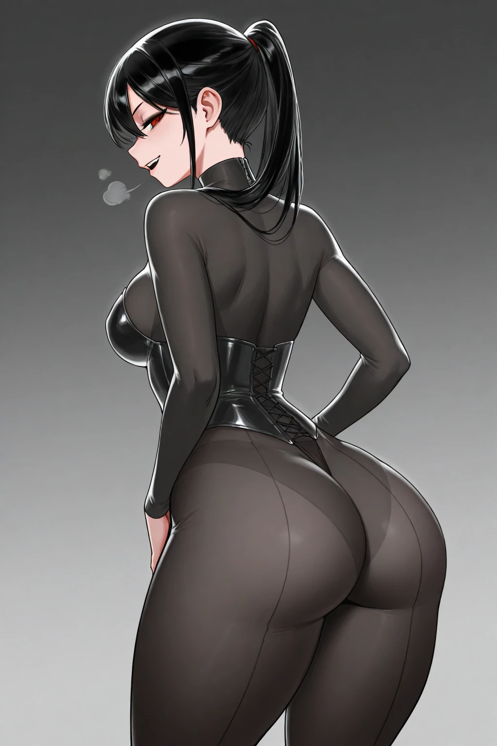 confident, smirking, goth succubus with horns and black hair, curvy hentai girl, sexy latex, big ass, showing off butt