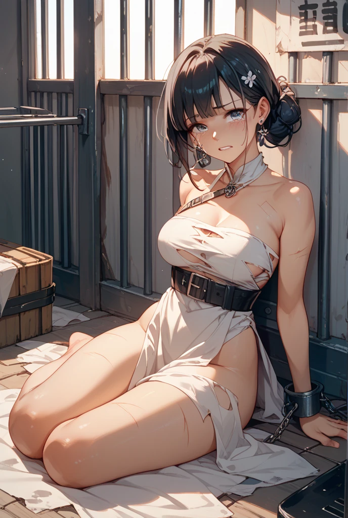 nsfw,Women in medieval fantasy settings、Dragon Quest、 (In prison:1.5), Dimly lit room:1.5、Mr.々Hair style,night, Detailed aspect, Seduce, ((Tied up with rope:1.5))、(Huge Breasts:1.2)、Big Ass、wide waist width、His hands are tied、Sexy Lingerie、One Woman、Wet with sweat、Amazoness、(Torn clothes:1.7)