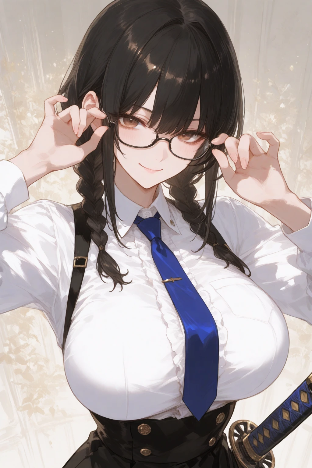 ((masutepiece, best quality)), 1girl, bbw, school uniform, japanese school uniform, ((black hair)), long hair, bangs, hair between eyes, glasses, shy, blush, looking at viewer, solo focus, bbw, big breast, thick thight, nerd, pastel colors, long sleeves, skirt, round face, round eyes, round glasses, black hair