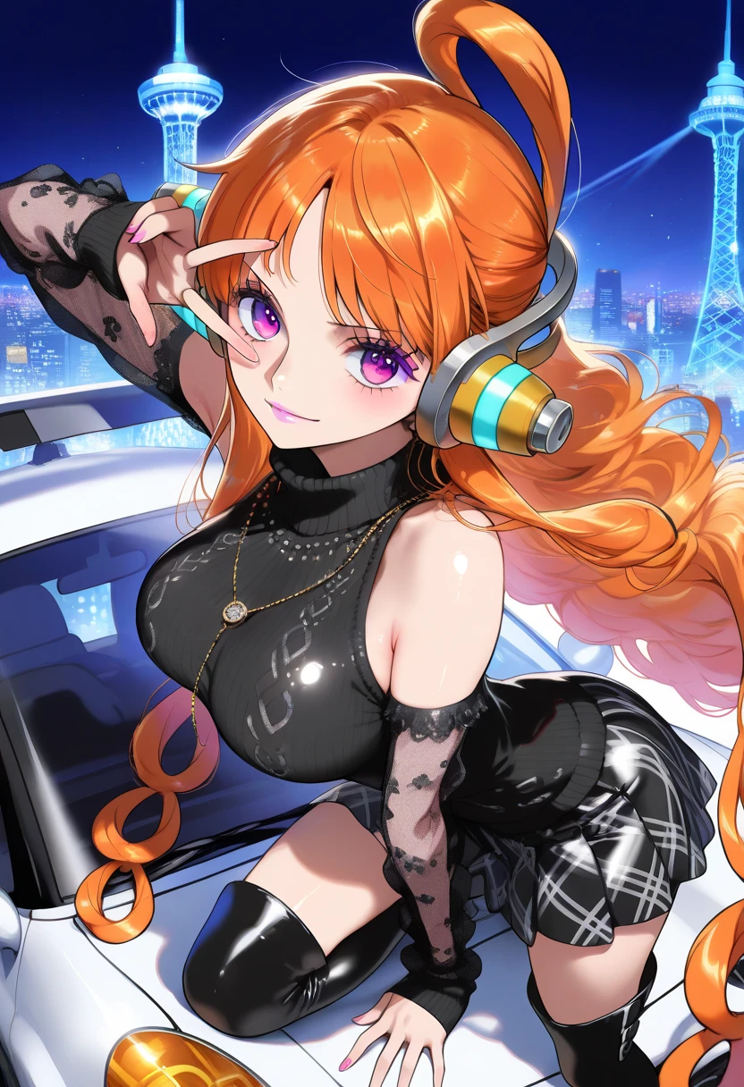 trans Male to female, plump pursed lips, freckles, long curly ginger hair with bangs, crystal blue eyes with smoky eye shadow and black eyeliner, black semi-matte lipstick, pale to sun-kissed skin, flirty smug smile, teal sundress, large futanari genital bulge