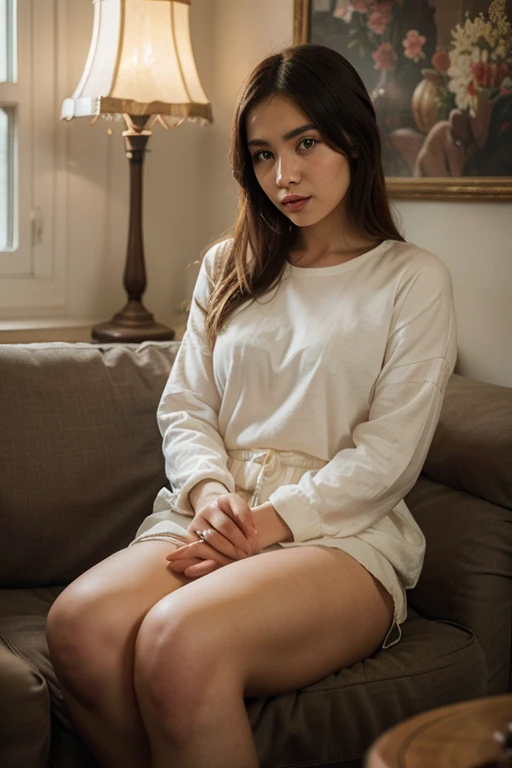 A full-body image of a brunette woman with freckles, appearing relaxed and content. She is wearing comfy loungewear—a loose top and sweatpants. She is sitting on a cozy couch in a living room, with a book in her lap and a cup of tea on the side table. The background features soft lighting and homey decor.