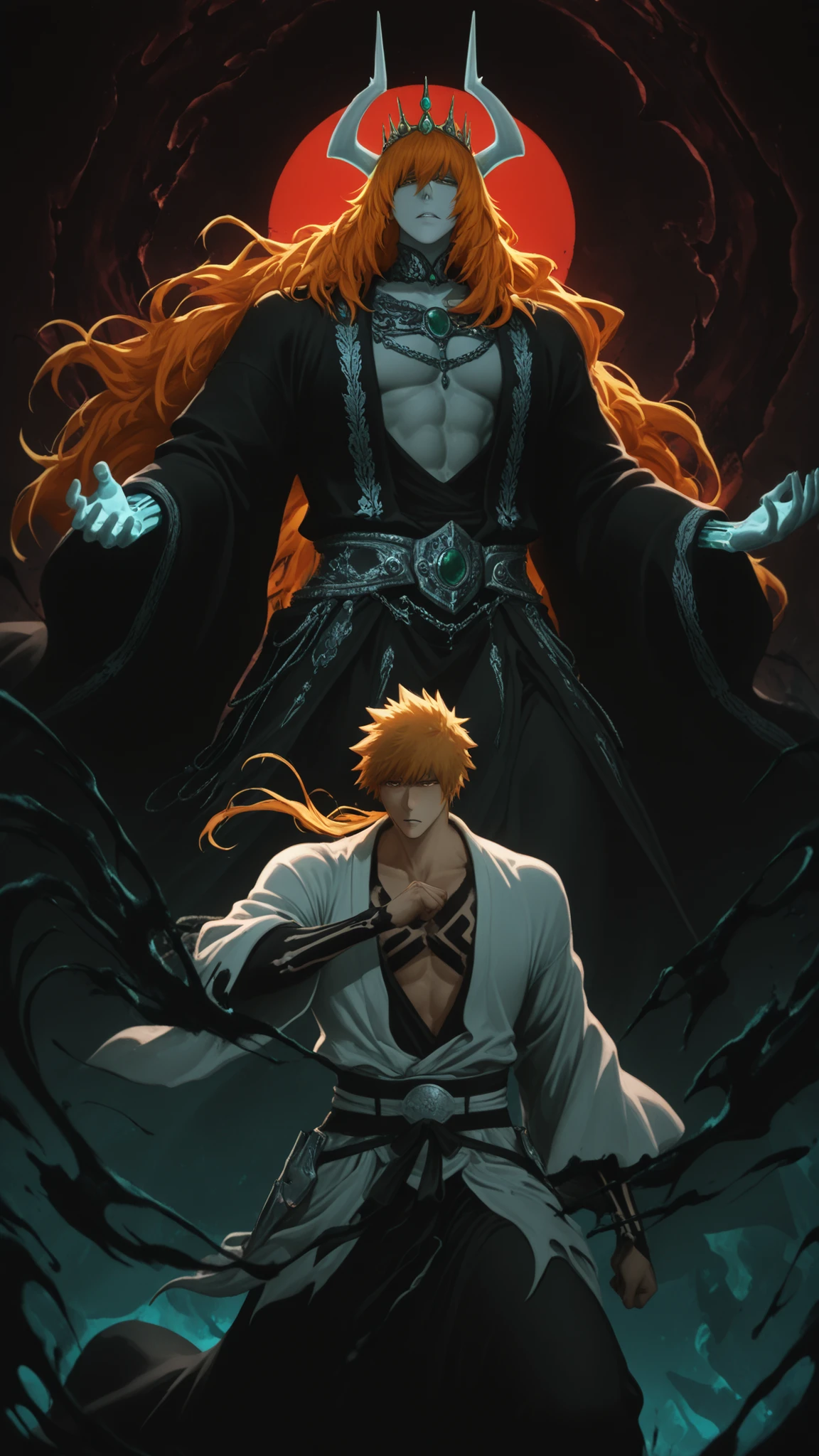 flat color, WaifuDiffusionStyle, neutral background, white splash stylized outline background, 1boy, kurosaki_ichigo, white large hollow curved horn, long_orange_hair, flowing_hair, intense_gaze, pale_skin, ornate_gold_crown, jade_tiara, toned_abs, open_robe, black_robe, gold_embroidery, white_inner_robes, broad_shoulders, regal_stance, outstretched_hand, swirling_red_mist, ghostly_hands, skeletal_spirits, necromancer_aura, dark_fantasy, chinese_calligraphy, moonlit_fog, dramatic_backlighting, ink_wash_background, lavish_gold_details, tattered_sleeves, emperor_of_the_dead, stylized_art, thick_thighs, warm_soft_lighting, mature_sensual_atmosphere