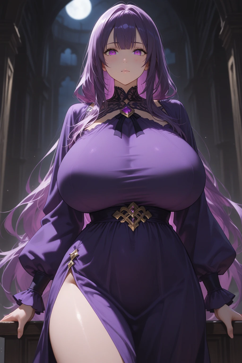 Gorgeous girl, Nice ass, beautiful big breasts, Thin waist, open legs, high facial detail, monastic, nun costume, church, cathedral, ((Purple long hair)), A high resolution, Masterpiece, high quality, ultra detailed, A high resolution, tattoo on stomach, tattoo on the chest, tattoo all over the body, looks lustfully,