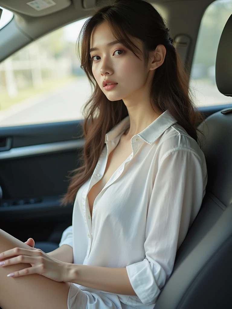 masterpiece,full body,1girl, beautiful,v neck shirt, bf_shirt_nopants,((only shirt)), oversized shirt,on parking lot, sitting on front of car, upper body, cowboy shot, ultra detailed skin, detailed skin,dim light,[ light smile], award winning,raw photo, Highres, absurdres,raw photo,16k,