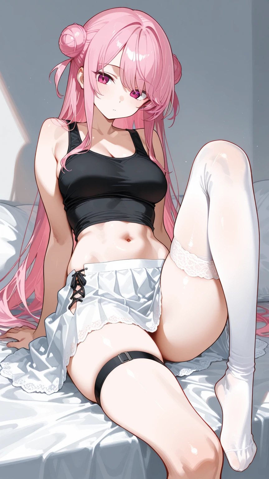 There is a girl with pink hair and a white thong on the sofa, anime girl squatting, Sitting on the sofa, very sexy pose, lying on the sofa, lying down, lie flat, beautiful anime girl, Anime Barbie wearing white knee-high socks, pretty face，arms and thin legs, small breasts，Wear a white sports bra, relax on sofa, smooth pink skin，marks of strangulation