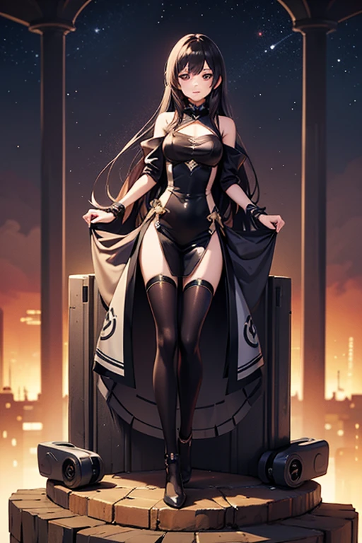 fantasy, 1angel_girl,child, loli,dark_color_hair, medium_bob_hair, long_bangs, halo,bare_shoulder,thighhighs,(shiny_silver_armor:1.1), waist_armor, large_breasts,angry,smile,open_mouth1pair_wings, dynamic_ pose_fighting,floating, bare_crotch, covered_nipples, covered_pussy,headgear,gauntlet, greaves, pelvic_curtain, city_sky_background,slightly_spread_legs, solo, groin_naked,(masterpiece, best quality, best quality, official art, beautiful and aesthetic:1.2), (1 girl), very detailed,
