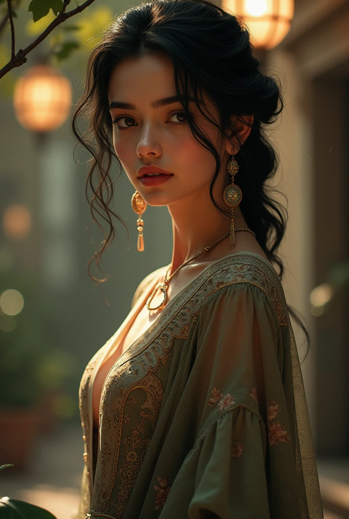 walking in a moonlit courtyard, exotic girl, indian, looking at the viewer, shining skin, perfect lighting, the embodiment of grace and elegance, (saree and bra), (Big Tits:1.5), cleavage, clear curvy details, beautiful curves, detailed eyes, detailed pupil, volumetric lighting, Ultra Detailed, unity 8k wallpaper, ultra detailed, aesthetic, masterpiece, best quality, photorealistic