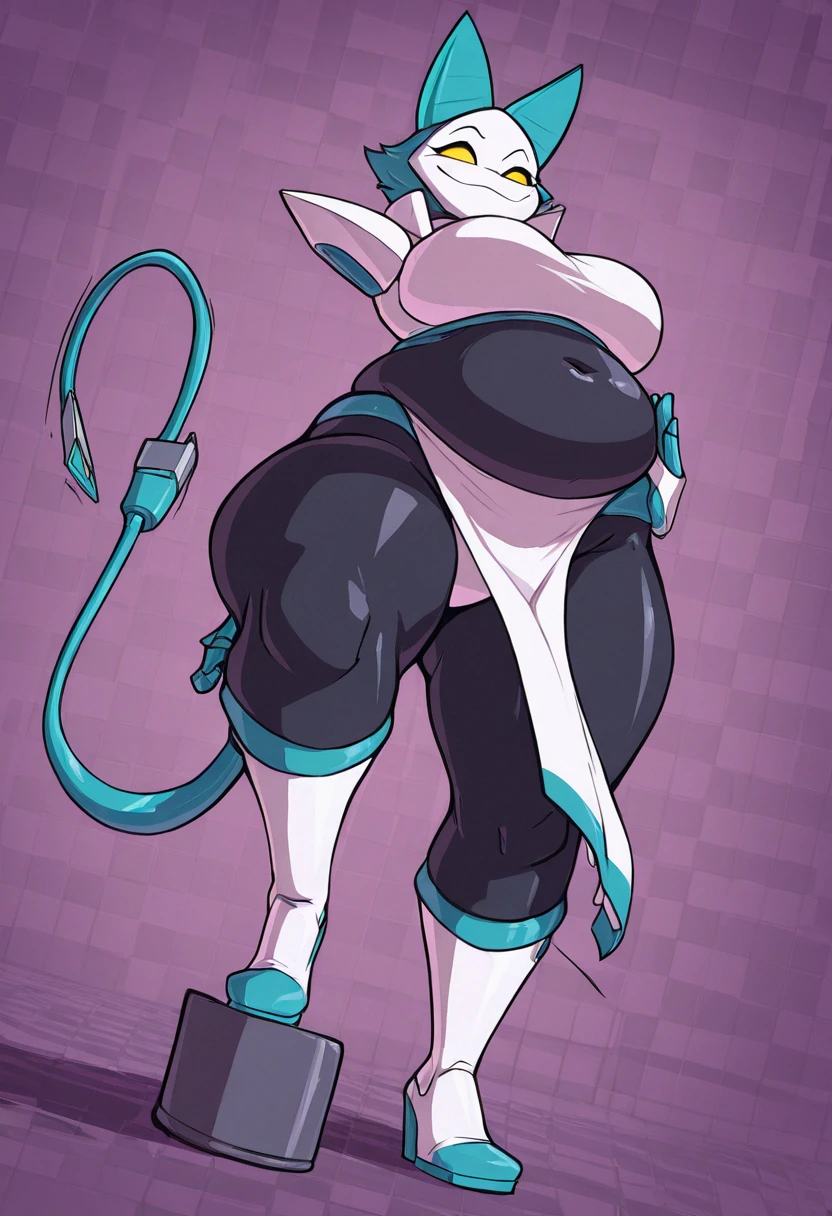 woman character with ultra large breasts, full body, wide hips, milf woman, tail, very big fat body, fantasy, breasts the size of her body, pokemon character, yellow and purple, just huge breasts that fit into the frame