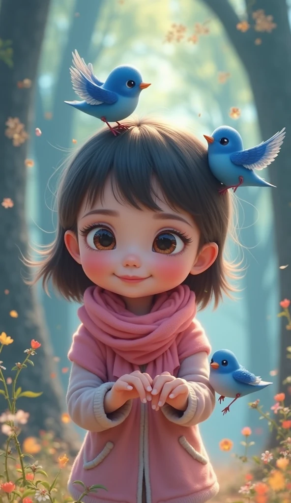 figure，girl with blue sky, zoo，pigeon, many balloons, happy, happy, perfect quality, clear focus, happy，detail face，pop mart style art