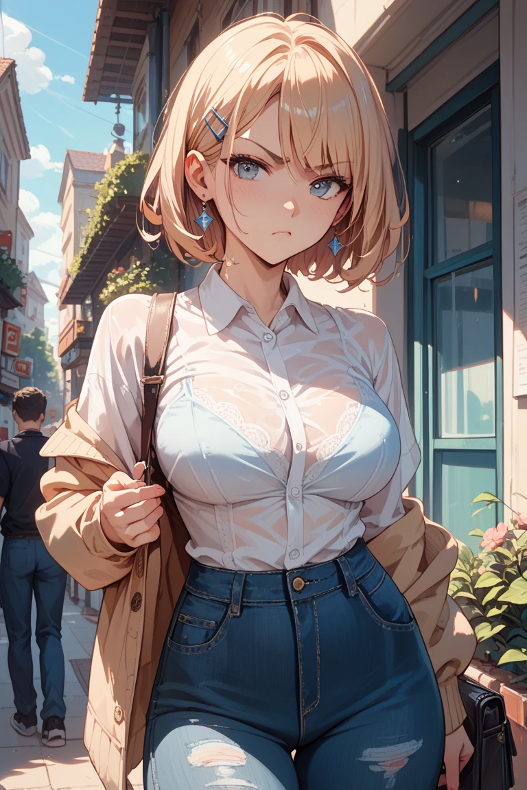 beautiful girl、Office Casual Fashion、ノースリーブのパーカー、チョーカー、ハンドカバー、Tight pants style、slender、Model Body Type、Ideal Style、 Slim and cute、No buttons、Put on a bolero、One off-the-shoulder brown cardigan