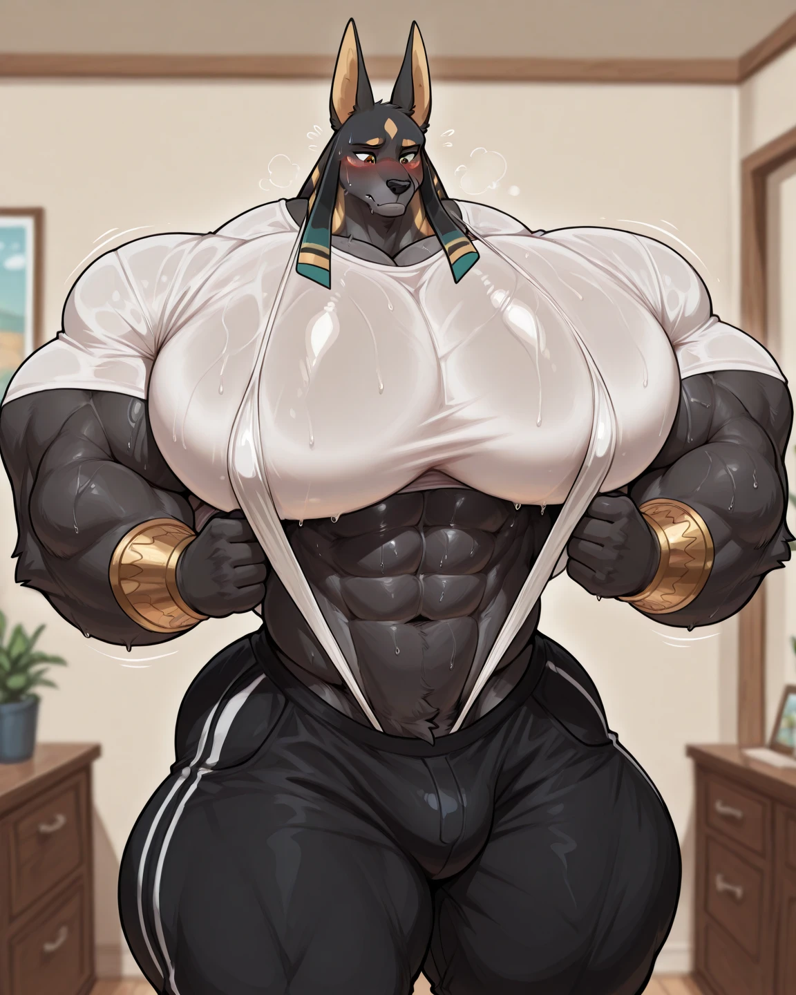 gideon canine, muscular female, dobie, doberman, black skin, black fur, tiny sports bra, green spots bra, torn bra, bursting, bathroom background