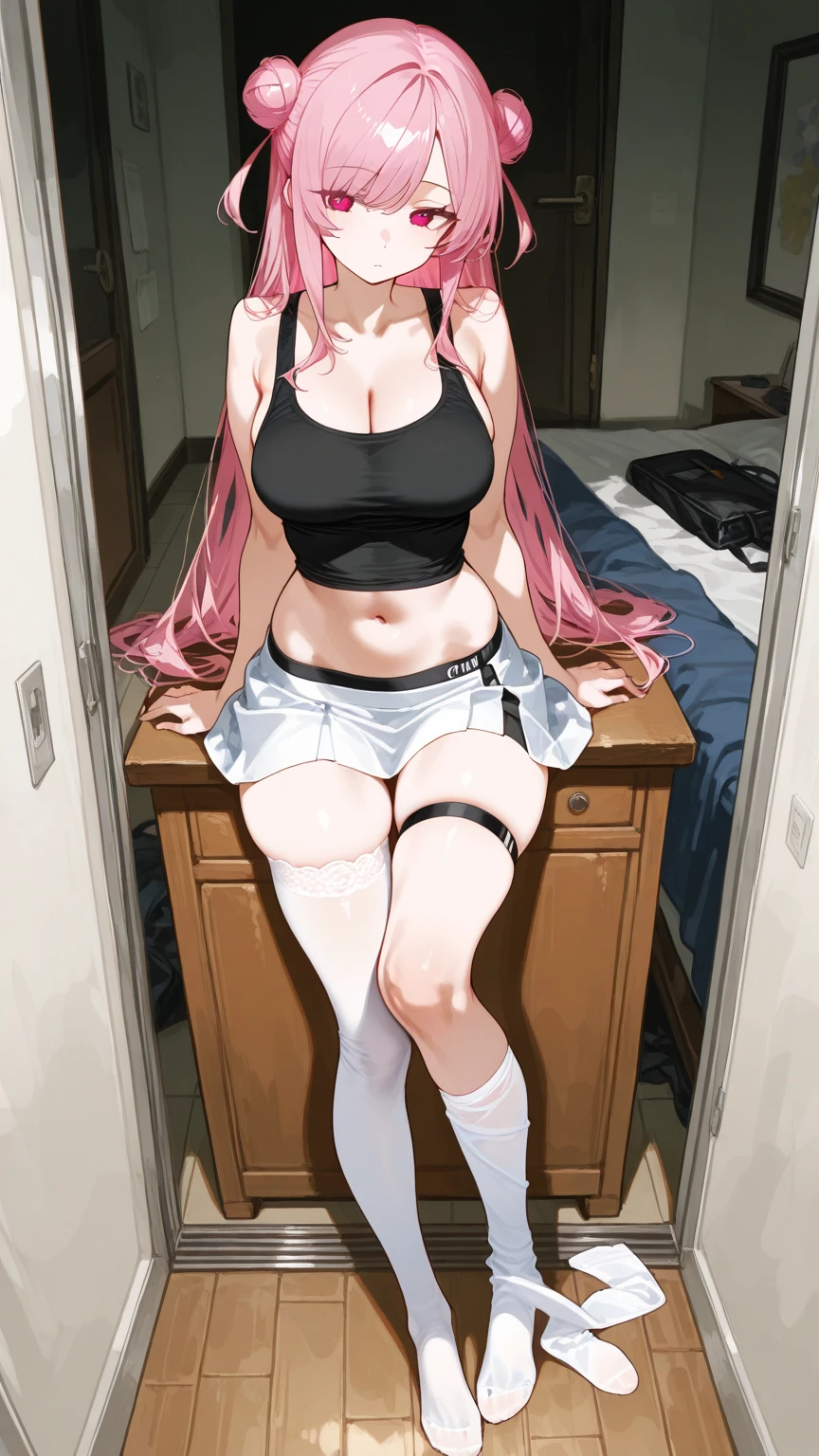 ((Best quality)), ((masterpiece)), (detailed:1.4), 3D, an image of a beautiful cyberpunk female,HDR (High Dynamic Range),Ray Tracing,NVIDIA RTX,Super-Resolution,Unreal 5,Subsurface scattering,PBR Texturing,Post-processing,Anisotropic Filtering,Depth-of-field,Maximum clarity and sharpness,Multi-layered textures,Albeo and Specular maps,Surface shading,Accurate simulation of light-material interaction,Perfect proportions,Octane Render,Two-tone lighting,Wide aperture,Low ISO,White balance,Rule of thirds,8K RAW,long braid on one side,wet panties,Take the floral panties,pink panties,can saw a trace on my underwear vagina,can see the pussy from panties,black stockings,black garter belt,zoom in pussy,very huge breasts,tight legs,big labia majora pussy,big tits,very big breasts,big clitoris female genitalia, sci-fi shirt,pubic hair,There is a small tattoo above the genitals,(idle)split legs, Big, light pink pussy visible from behind,nude,glossy pussy