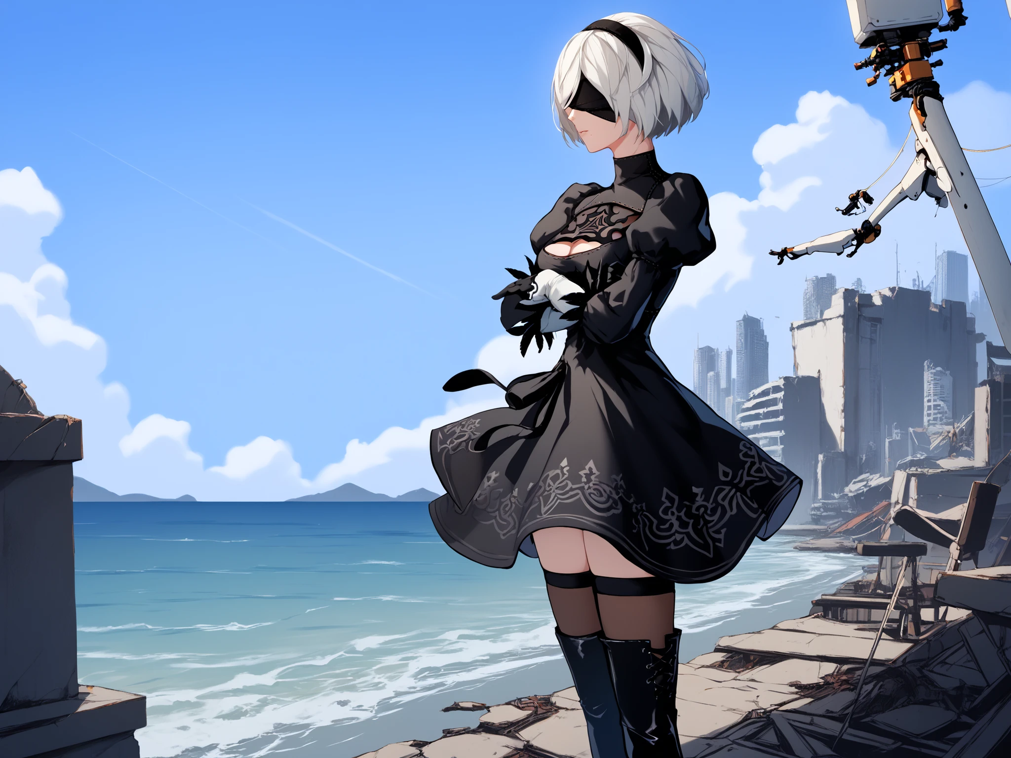 nierscene, scenery, view from side, nier2Bde, blindfold, black blindfold, hairband, white hair, short hair, medium breasts, clothing cutout, cleavage cutout, black dress, puffy sleeves, feather-trimmed sleeves, black gloves, leotard, skirt, black thigh highs, thigh boots, black high heels, standing on the shore of the ocean by the ruins of a sunken city, crossed arms, (Pod 042 floating in front of 2B holding a large fish), grey day, cloudy, atmospheric, desaturated colors, gloomy