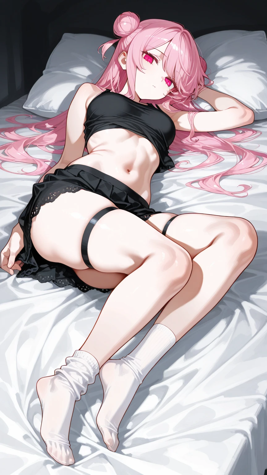 score_9, score_8_up, score_7_up, score_6_up, score_5_up, score_4_up, source_anime, 1girl, bed, She was lying down, sexy pose, pink hair, long hair, blindfold, sleeping, messy hair, bikini, black high heels, night, windows, dungeon, best quality, best res, 4K UHD,