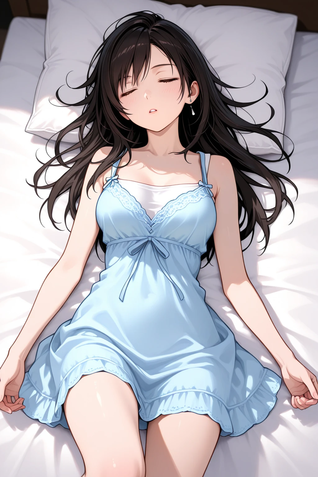 from above,full body,{best quality}, {{masterpiece}}, {highres}, original, extremely detailed 8K wallpaper, 1girl, {an extremely delicate and beautiful},ray tracing,{best quality}, {{masterpiece}}, {highres}, original, extremely detailed 8K wallpaper, {an extremely delicate and beautiful},incredibly_absurdres,colorful,intricate detail,artbook,on bed,indoors,photorealistic,Aestheticism Painting,photo (medium) ,solo,curly_hair,black_hair/black_eyes,facing viewer,looking up,lying on back,arms behind head,orgasm,surprised,wide-eyed,night dress,striped_thighhighs,