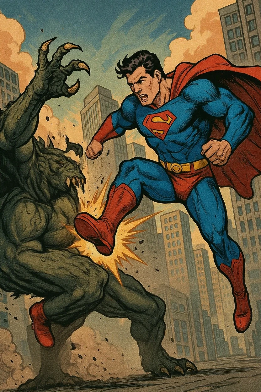 Comic book cover by Mark Grayson (invincible) frantically fighting to the death against a monster