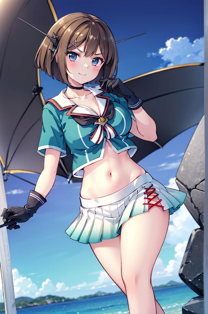 masterpiece, highest quality, High resolution, Realistic, Show more1, tiara, Sailor Warrior Uniform, Blue Skirt, Blue sailor collar, tiara, bow, Knee Boots, choker, White gloves, blue choker, elbow gloves, jewelry, Earrings, Pleated skirt, Cowboy Shot, Garden with lots of blue flowers on background, Arms above head, Angle from below, ((Showing panties:1.3))